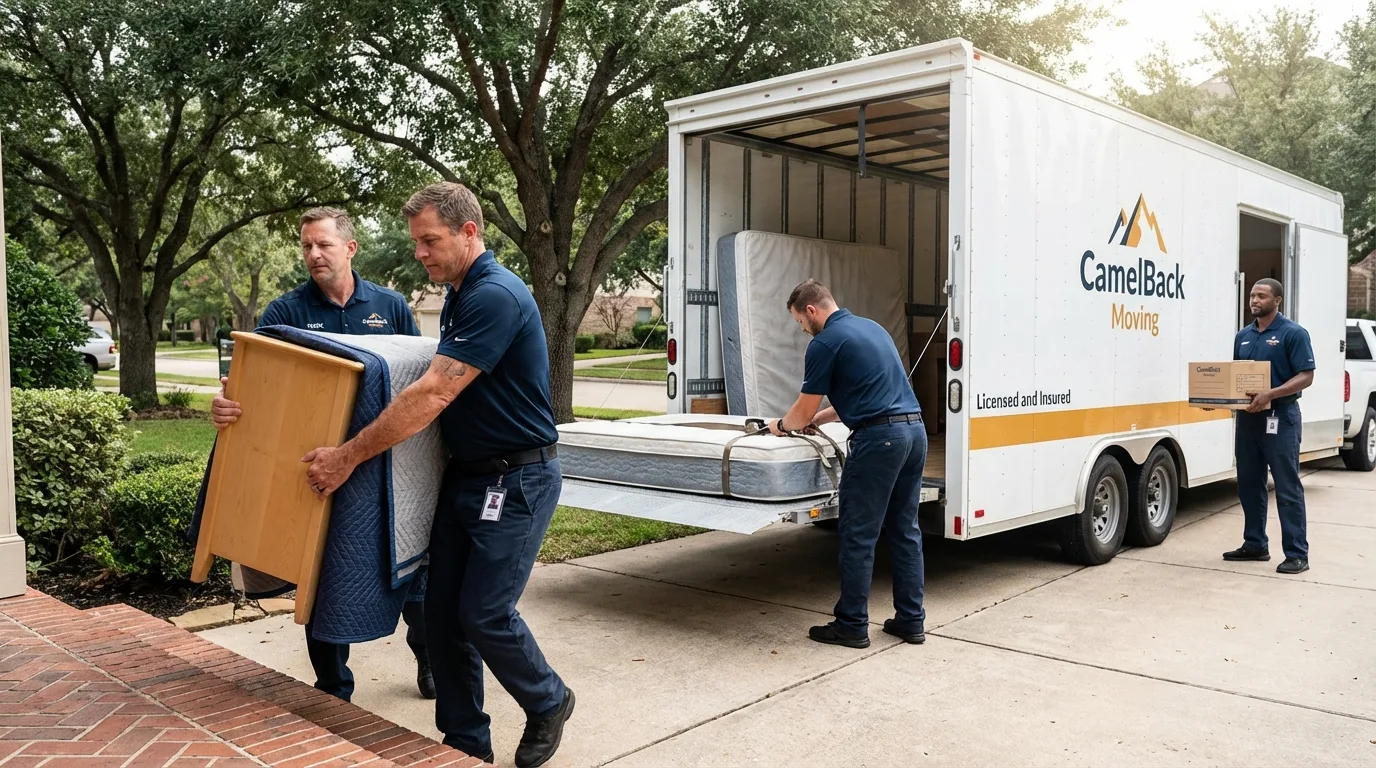 Crew loading residential truck for cross-state move from Pinehurst, TX