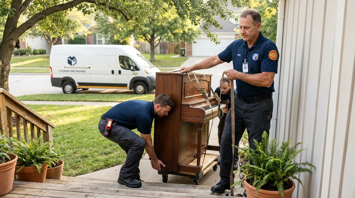 Licensed piano movers securing grand piano in Pinehurst, TX