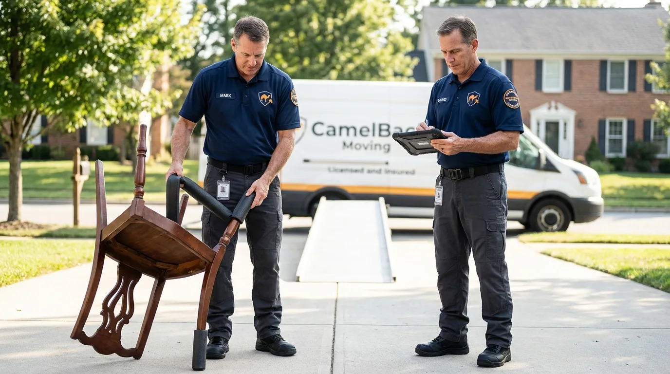 Movers inspecting furniture for damage prevention before loading in Pinehurst, TX