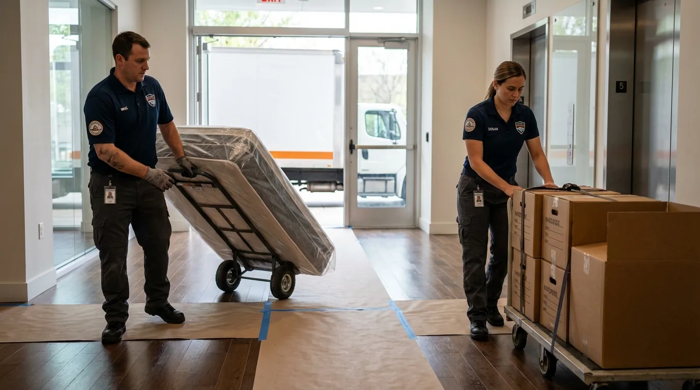 Professional apartment movers loading elevator in Pinehurst, TX
